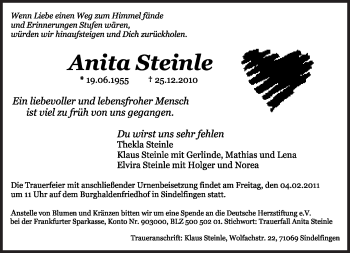 Todesanzeige von Anita Steinle von TRIERISCHER VOLKSFREUND