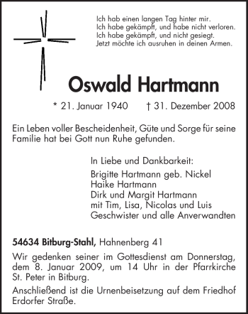 Todesanzeige von Oswald Hartmann von TRIERISCHER VOLKSFREUND