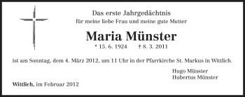 Todesanzeige von Maria Münster von TRIERISCHER VOLKSFREUND