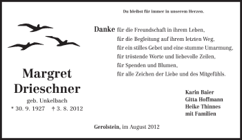 Todesanzeige von Margret Drieschner von TRIERISCHER VOLKSFREUND