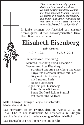Todesanzeige von Elisabeth Eisenberg von TRIERISCHER VOLKSFREUND