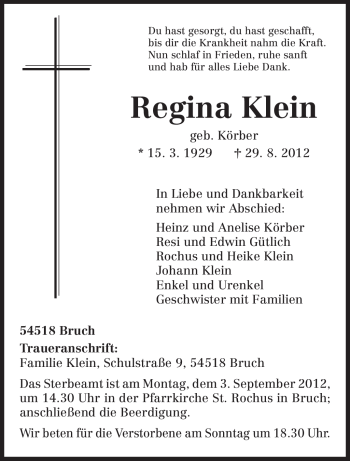 Todesanzeige von Regina Klein von TRIERISCHER VOLKSFREUND