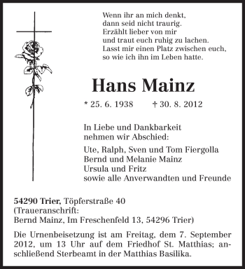Todesanzeige von Hans Mainz von TRIERISCHER VOLKSFREUND