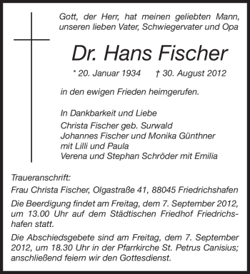 Todesanzeige von Hans Fischer von TRIERISCHER VOLKSFREUND