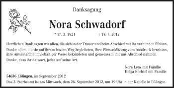 Todesanzeige von Nora Schwadorf von TRIERISCHER VOLKSFREUND