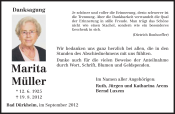 Todesanzeige von Marita Müller von TRIERISCHER VOLKSFREUND