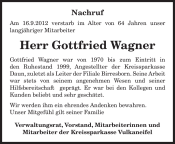 Todesanzeige von Gottfried Wagner von TRIERISCHER VOLKSFREUND