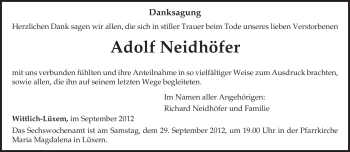 Todesanzeige von Adolf Neidhöfer von TRIERISCHER VOLKSFREUND