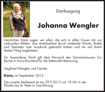 Todesanzeige von Johanna Wengler von TRIERISCHER VOLKSFREUND