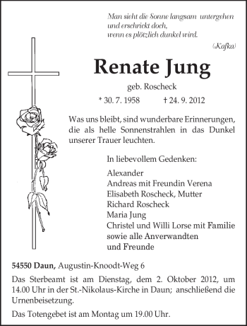 Todesanzeige von Renate Jung von TRIERISCHER VOLKSFREUND