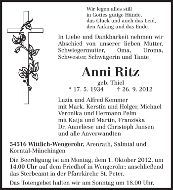 Todesanzeige von Anni Ritz von TRIERISCHER VOLKSFREUND