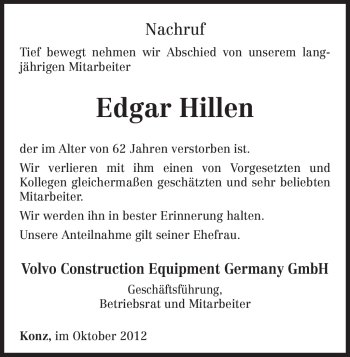 Todesanzeige von Edgar Hillen von TRIERISCHER VOLKSFREUND