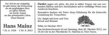 Todesanzeige von Hans Mainz von TRIERISCHER VOLKSFREUND