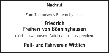 Todesanzeige von Friedrich Freiherr von Bönninghausen von TRIERISCHER VOLKSFREUND