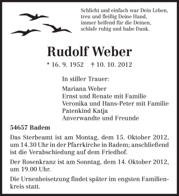 Todesanzeige von Rudolf Weber von TRIERISCHER VOLKSFREUND