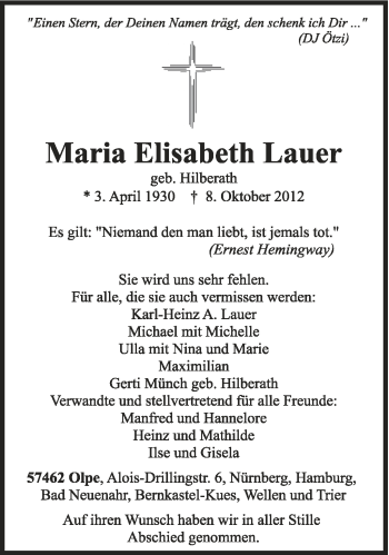 Todesanzeige von Maria Elisabeth Lauer von TRIERISCHER VOLKSFREUND
