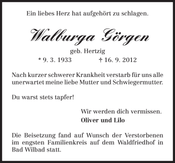 Todesanzeige von Walburga Görgen von TRIERISCHER VOLKSFREUND