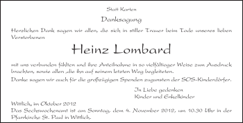 Todesanzeige von Heinz Lombard von TRIERISCHER VOLKSFREUND