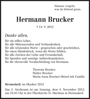 Todesanzeige von Hermann Brucker von TRIERISCHER VOLKSFREUND