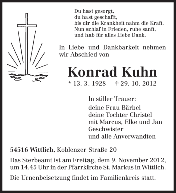 Todesanzeige von Konrad Kuhn von TRIERISCHER VOLKSFREUND