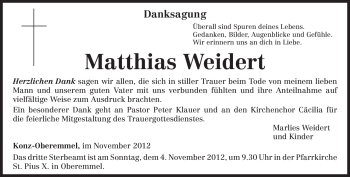 Todesanzeige von Matthias Weidert von TRIERISCHER VOLKSFREUND