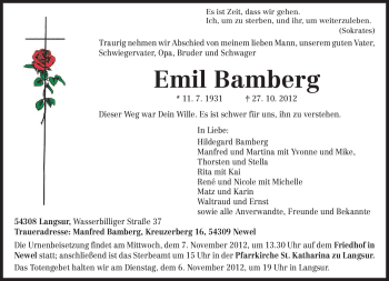 Todesanzeige von Emil Bamberg von TRIERISCHER VOLKSFREUND