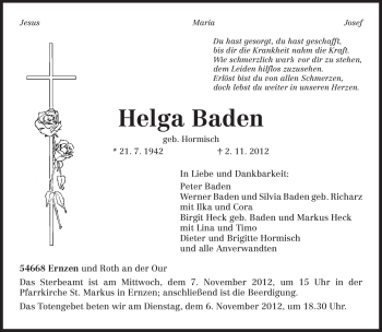 Todesanzeige von Helga Baden von TRIERISCHER VOLKSFREUND