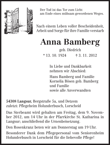 Todesanzeige von Anna Bamberg von TRIERISCHER VOLKSFREUND