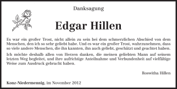 Todesanzeige von Edgar Hillen von TRIERISCHER VOLKSFREUND