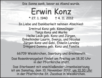 Todesanzeige von Erwin Konz von TRIERISCHER VOLKSFREUND