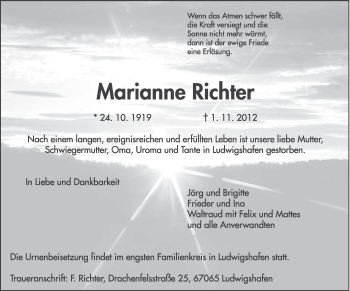 Todesanzeige von Marianne Richter von TRIERISCHER VOLKSFREUND