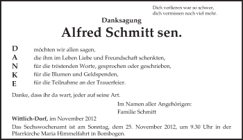 Todesanzeige von Alfred Schmitt von TRIERISCHER VOLKSFREUND