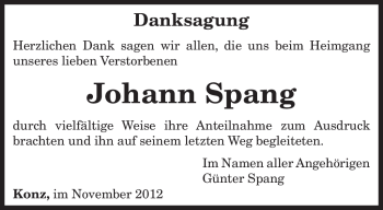 Todesanzeige von Johann Spang von TRIERISCHER VOLKSFREUND