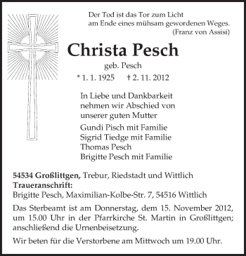 Todesanzeige von Christa Pesch von TRIERISCHER VOLKSFREUND