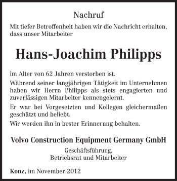 Todesanzeige von Hans-Jochaim Philipps von TRIERISCHER VOLKSFREUND