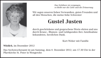 Todesanzeige von Gustel Justen von TRIERISCHER VOLKSFREUND