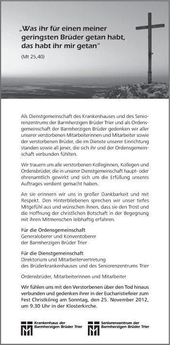 Todesanzeige von Krankenhaus und Seniorenzentrums der Barmherzigen Brüder Trier gedenkt von TRIERISCHER VOLKSFREUND