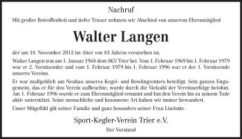 Todesanzeige von Walter Langen von TRIERISCHER VOLKSFREUND