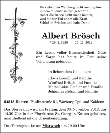 Todesanzeige von Albert Brösch von TRIERISCHER VOLKSFREUND