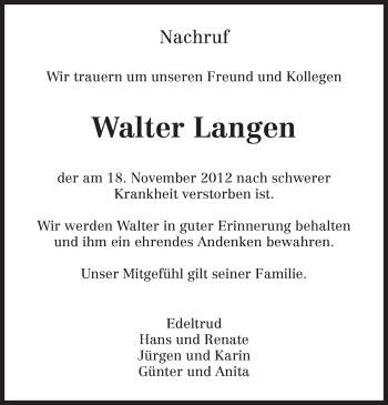 Todesanzeige von Walter Langen von TRIERISCHER VOLKSFREUND