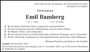 Todesanzeige von Emil Bamberg von TRIERISCHER VOLKSFREUND