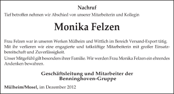 Todesanzeige von Monika Felzen von TRIERISCHER VOLKSFREUND