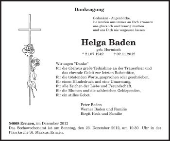 Todesanzeige von Helga Baden von TRIERISCHER VOLKSFREUND