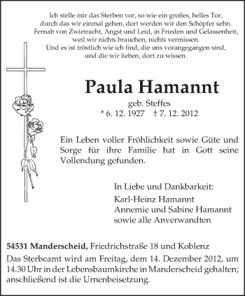 Todesanzeige von Hamannt Paula von TRIERISCHER VOLKSFREUND
