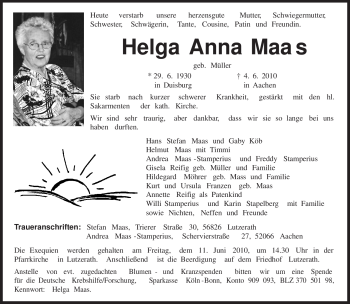 Todesanzeige von Helga Anna Maas von TRIERISCHER VOLKSFREUND
