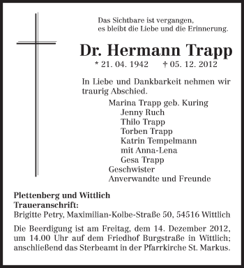 Todesanzeige von Trapp Dr. Hermann von TRIERISCHER VOLKSFREUND