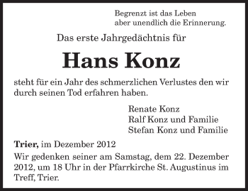 Todesanzeige von Hans Konz von TRIERISCHER VOLKSFREUND