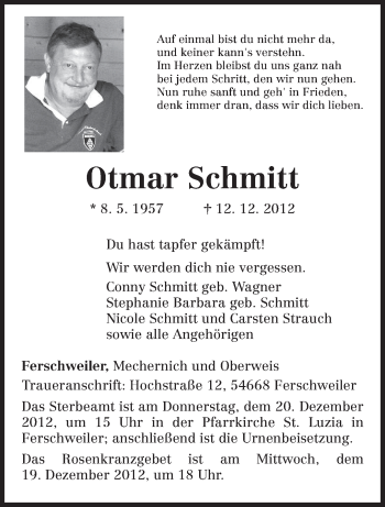 Todesanzeige von Otmar Schmitt von TRIERISCHER VOLKSFREUND