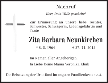 Todesanzeige von Zita Barbara Neunkirchen von TRIERISCHER VOLKSFREUND