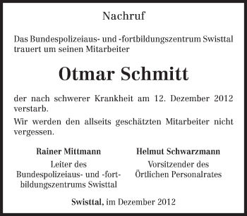 Todesanzeige von Otmar Schmitt von TRIERISCHER VOLKSFREUND